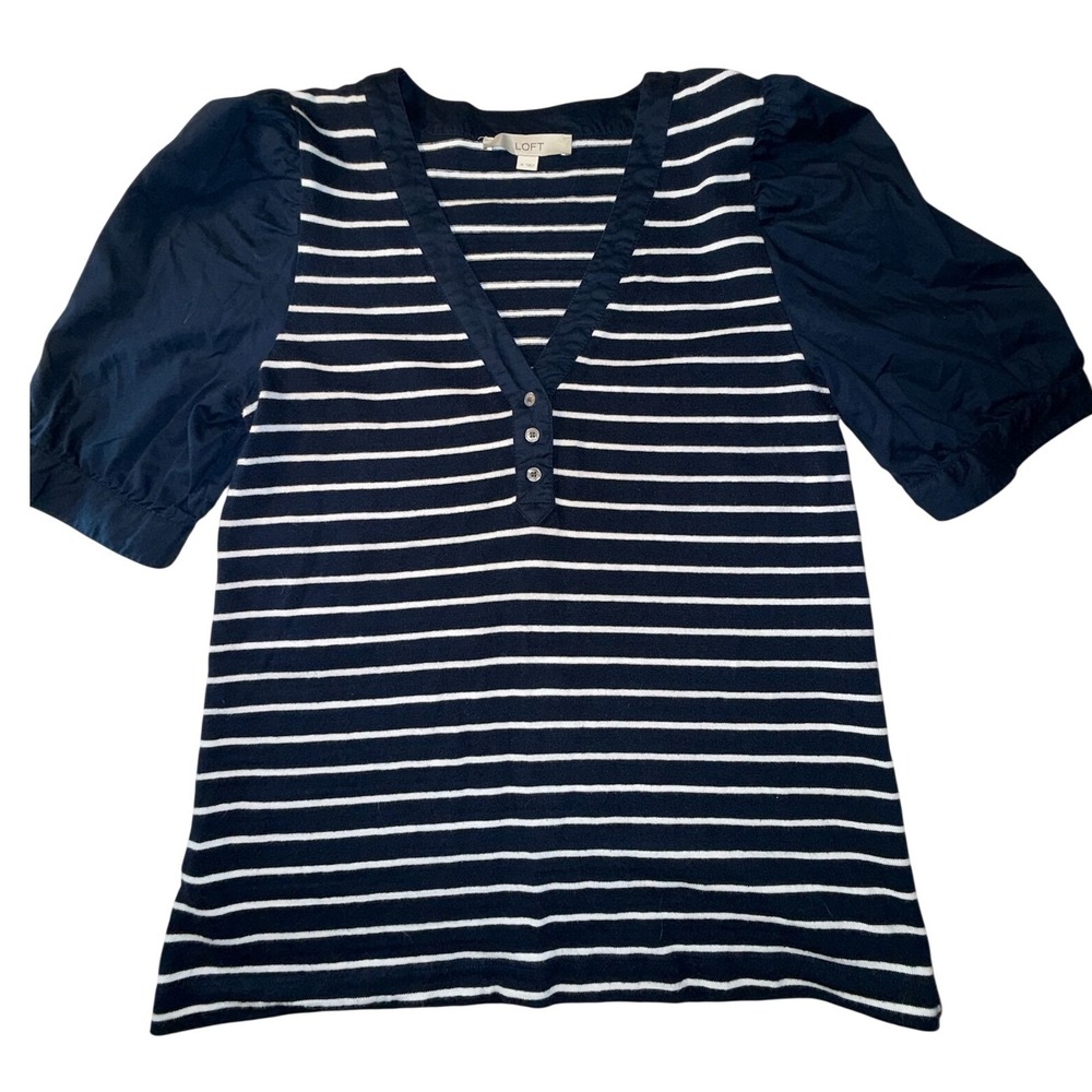 Loft Womens Navy White Striped V-Neck Puff Sleeve Knit Top Size M 0956